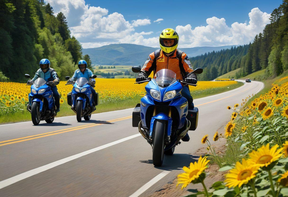 A dynamic scene showcasing a diverse group of two-wheel enthusiasts, including motorcyclists and cyclists, riding through picturesque country roads. Emphasize safety gear like helmets and reflective vests, with vibrant sunflowers lining the road. In the background, a clear blue sky with fluffy clouds creates a sense of freedom and adventure. Overlay subtle icons representing insurance symbols like shields and safety checkmarks. painting. vibrant colors. super-realistic.