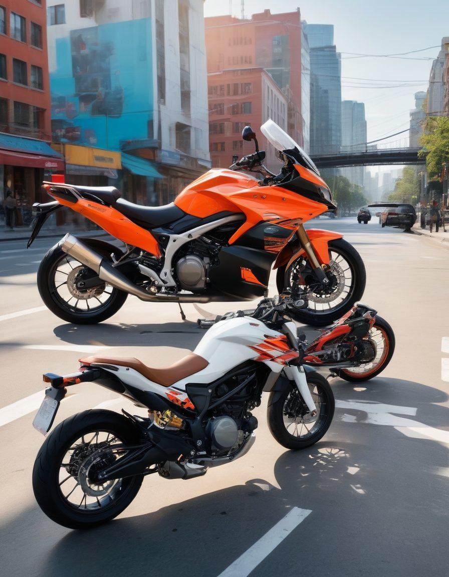 A dynamic scene featuring an e-bike and a motorbike parked side by side with protective gear laid out beside them. The background shows a cityscape with bold illustrations of coverage options like insurance plans floating around. Use a vibrant color palette to highlight the sense of safety and protection. The sky is bright, giving a feeling of freedom and adventure. super-realistic. vibrant colors. white background.