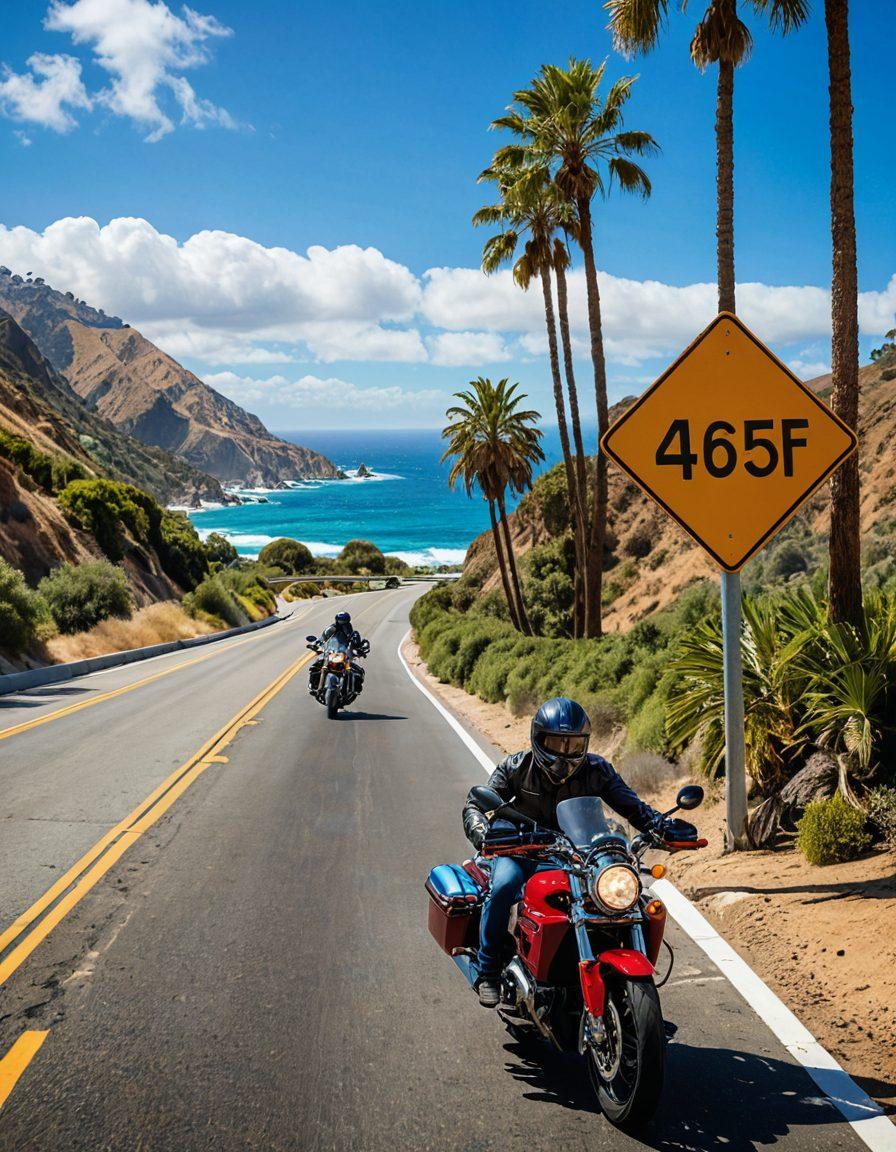 A dynamic scene of motorcycle riders on scenic California roads, showcasing diverse bike styles and enthusiastic riders in vibrant gear. The backdrop features iconic California landmarks like palm trees and ocean views under a clear blue sky. Include elements symbolizing insurance, like a shield or a checkmark subtly integrated into the landscape. The overall mood is adventurous and confident. super-realistic. vibrant colors.